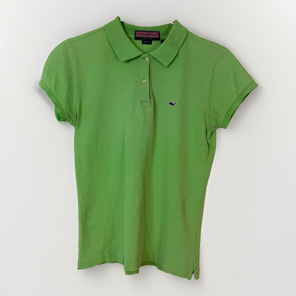 Vineyard Vines Women's Green Pique Polo Shirt 100% Cotton Embroidered Whale S